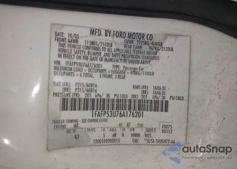 2006 Ford Taurus Se z USA, uszkodzony, nr VIN 1FAFP53U76A176201